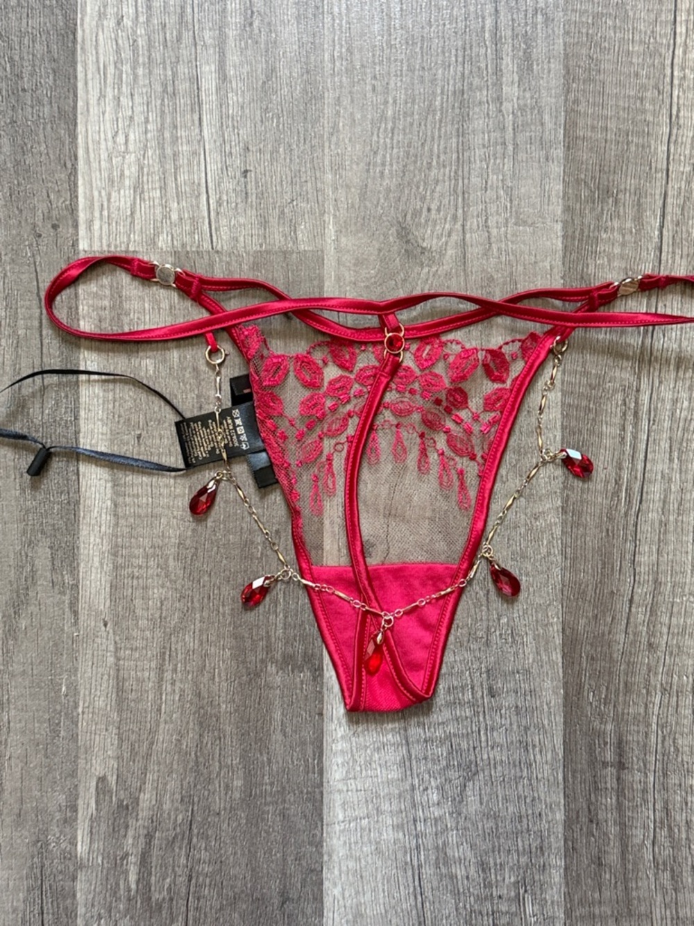 NWT Honey Birdette Ruby”Red Lace Thong with Jewel Drops - Picture 2 of 5